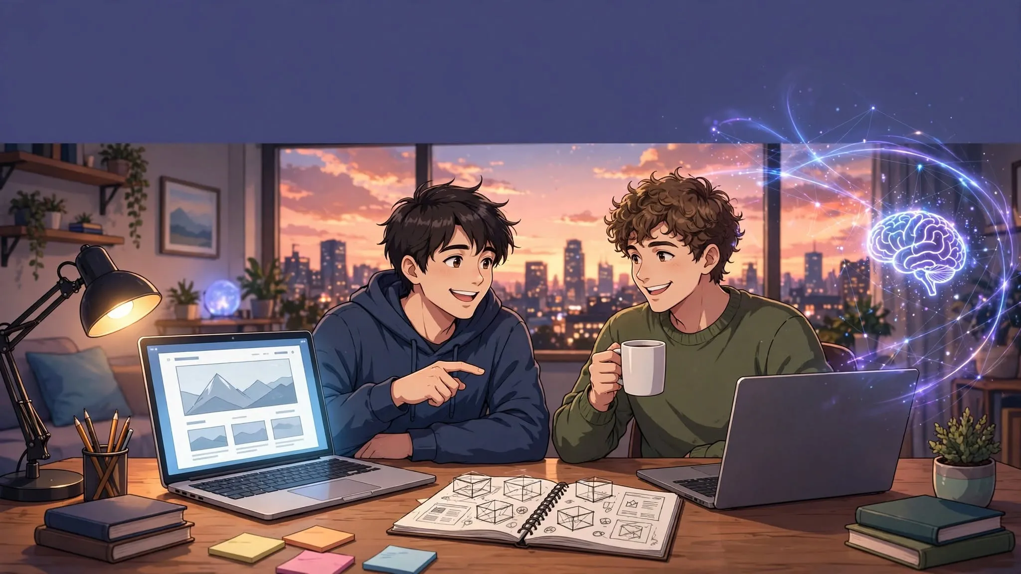 Two friends working on laptops at a shared desk, building web tools