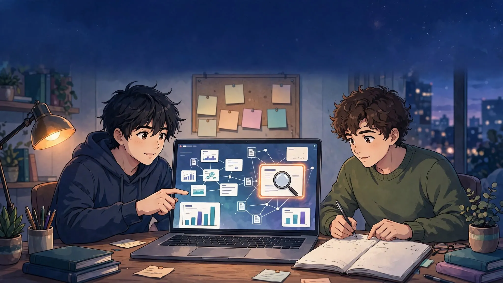 Two friends at a desk reviewing research charts and linked ideas on a laptop